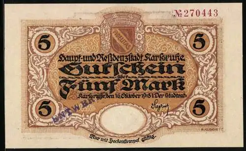 Notgeld Karlsruhe 1918, 5 Mark, Stadtwappen