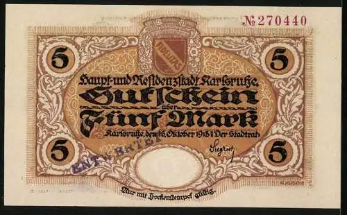 Notgeld Karlsruhe 1919, 5 Mark, Ortsansicht, Greif