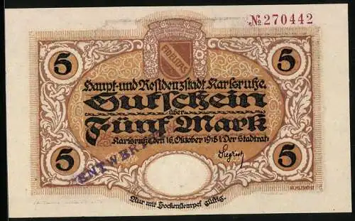 Notgeld Karlsruhe 1918, 5 Mark, Stadtwappen, Ortsansicht