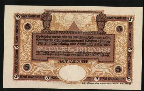 Notgeld Karlsruhe 1918, 5 Mark, Stadtwappen, Ortsansicht