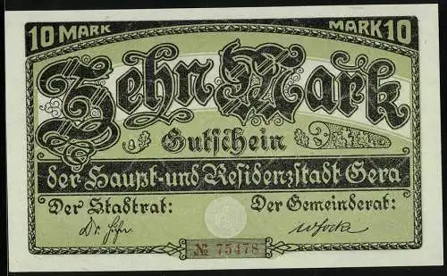 Notgeld Gera 1919, 10 Mark, Stadtwappen