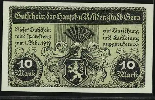 Notgeld Gera 1919, 10 Mark, Stadtwappen