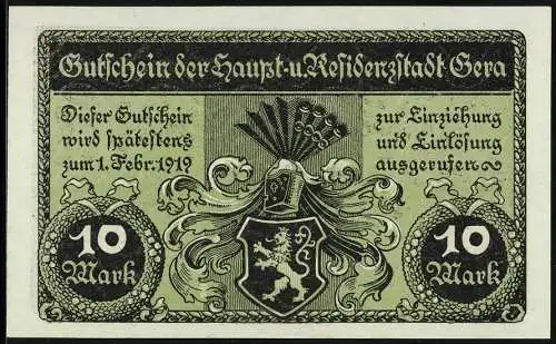 Notgeld Gera 1919, 10 Mark, Stadtwappen, Ritterhelm