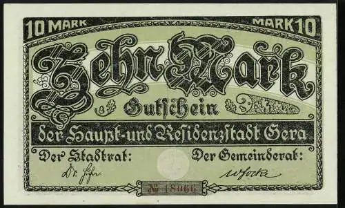 Notgeld Gera 1919, 10 Mark, Stadtwappen, Ritterhelm