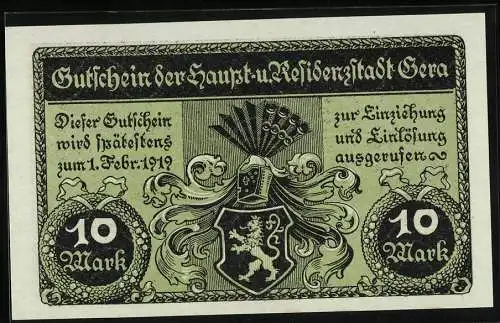 Notgeld Gera 1919, 10 Mark, Stadtwappen, Unterschrift vom Stadtrat