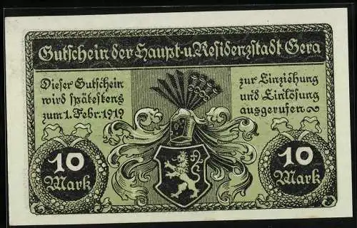 Notgeld Gera 1919, 10 Mark, Stadtwappen, Unterschrift Gemeinderat