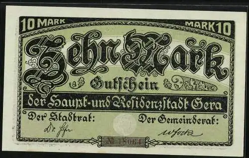 Notgeld Gera 1919, 10 Mark, Stadtwappen, Unterschrift Gemeinderat