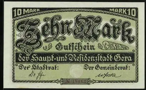 Notgeld Gera 1919, 10 Mark, Unterschrift Stadtrat und Gemeinderat, Stadtwappen