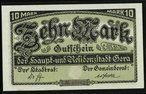 Notgeld Gera 1919, 10 Mark, Stadtwappen, Unterschrift Stadtrat und Gemeinderat