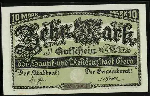 Notgeld Gera 1919, 10 Mark, Unterschrift Stadtrat Dr. Führ, Stadtwappen