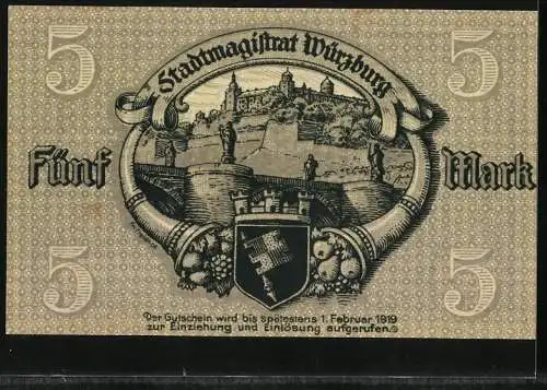 Notgeld Würzburg 1918, 5 Mark, Burg, Stadtwappen