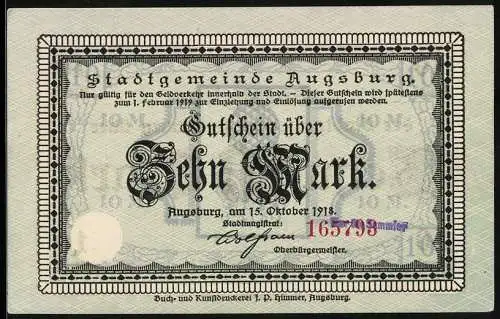 Notgeld Augsburg 1918, 10 Mark, Stadtwappen