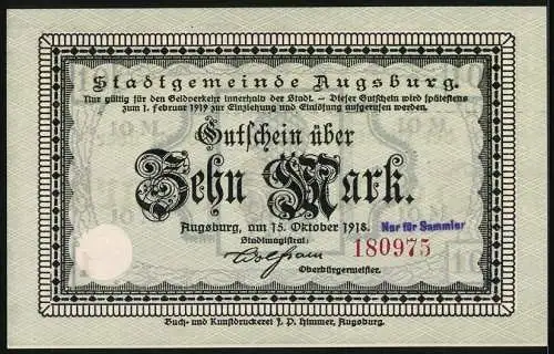 Notgeld Augsburg 1918, 10 Mark, Unterschrift vom Oberbürgermeister