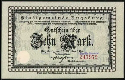 Notgeld Augsburg 1918, 10 Mark, Unterschrift vom Oberbürgermeister, Stadtwappen