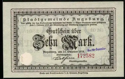 Notgeld Augsburg 1918, 10 Mark, Unterschrift vom Oberbürgermeister Wolfram