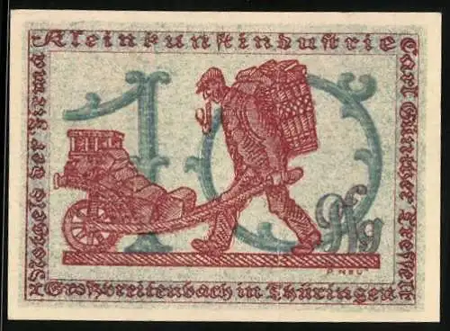 Notgeld Grossbreitenbach 1922, 10 Pfennig, Arbeiter mit Karre