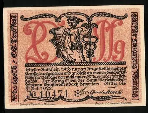 Notgeld Grossbreitenbach 1922, 20 Pfennig, Kleiner Hermes, Arbeiter beim Nähen