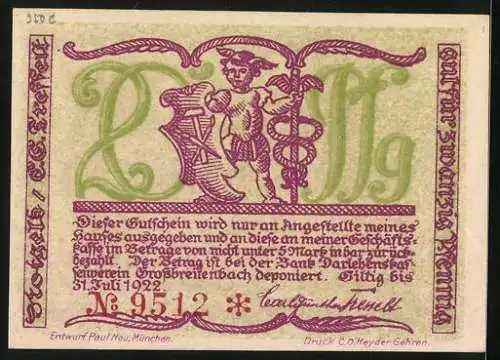 Notgeld Grossbreitenbach 1922, 20 Pfennig, Näher bei der Arbeit