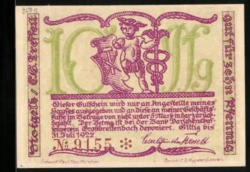 Notgeld Grossbreitenbach 1922, 10 Pfennig, Kleiner Hermes mit Schild, Arbeiter mit Karre