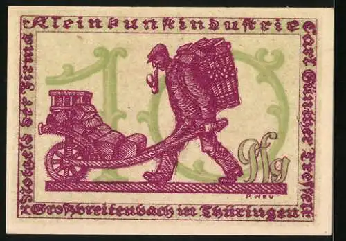 Notgeld Grossbreitenbach 1922, 10 Pfennig, Kleiner Hermes mit Schild, Arbeiter mit Karre
