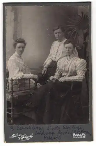 Fotografie Atelier Spiegel, Hamm i. W., Bahnhofstr. 47, Caroline, Johanna und Marie Böckmann in eleganten Outfits
