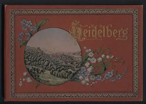 Leporello-Album 31 Lithographie-Ansichten Heidelberg, Schlosshotel, Hotel Ritter, Hotel Ritter, Postamt, Königsstuhl
