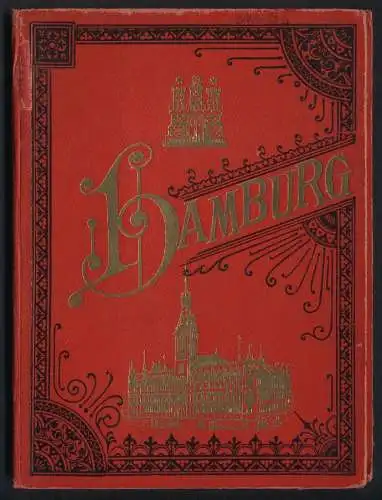 Leporello-Album 46 Lithographie-Ansichten Hamburg, Helgoländer Tracht, Dampfer, St. Pauli, Alsterakaden, Post, Börse