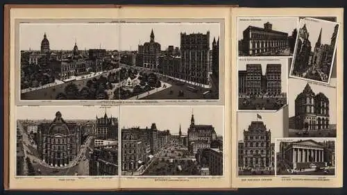 Leporello-Album 63 Lithographie-Ansichten New York, Vanderbilt Mansions, Windsor Hotel, Union Square, Wall Street Asylum