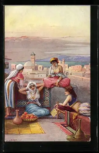 AK arabische nackte Frauen auf einer Dachterrasse