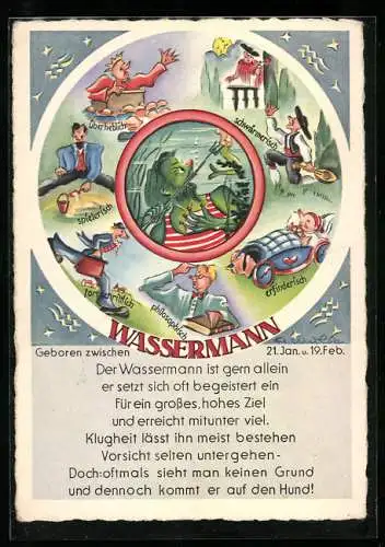 Künstler-AK Darstellung der Charakterzüge von Menschen mit dem Sternzeichen Wassermann