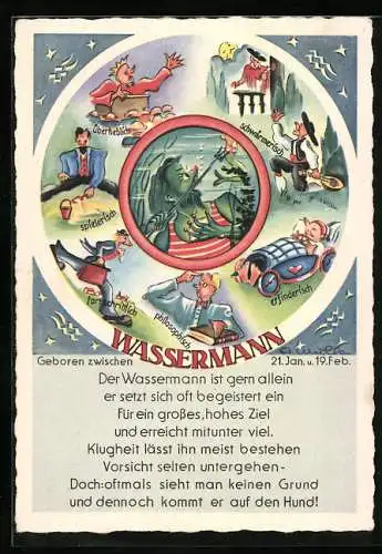 Künstler-AK Darstellung der Charakterzüge von Menschen mit dem Sternzeichen Wassermann