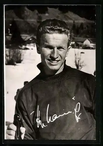AK Hans Peter Lanig, Olympia 5. in der Abfahrt 1959, Goldener Ski von Deutschland