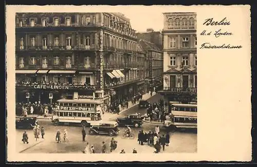 AK Berlin, Friedrichstrasse Ecke Unter den Linden, Café Unter den Linden, Busse