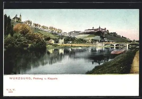 AK Würzburg, Festung und Käppele vom Mainufer gesehen