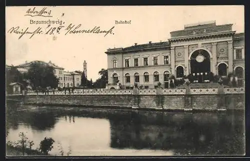 AK Braunschweig, Blick übers Wasser zum Bahnhof