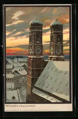 Künstler-AK Zeno Diemer: München, Frauenkirche mit verschneitem Dach und Blick über die Stadt