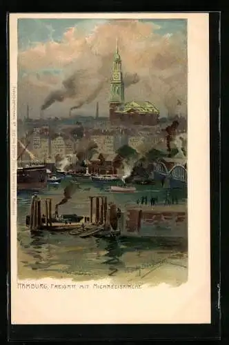 Künstler-Lithographie Zeno Diemer: Hamburg, Freigatt mit Michaeliskirche