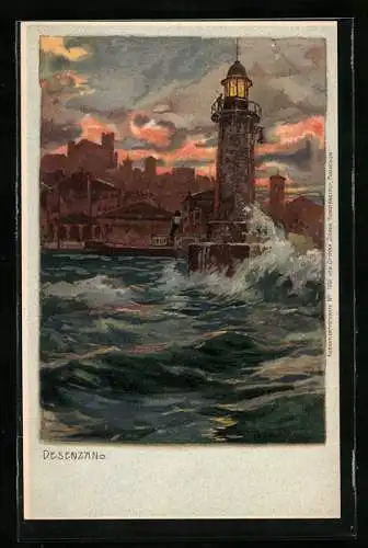 Künstler-AK Zeno Diemer: Desenzano, Leuchtturm bei stürmischem See