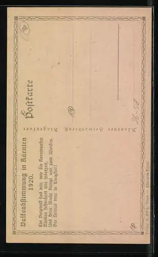 Künstler-AK Kärnten, Volksabstimmung, Wappen, Mann mit Hut und Wahlzettel i.d.Hand