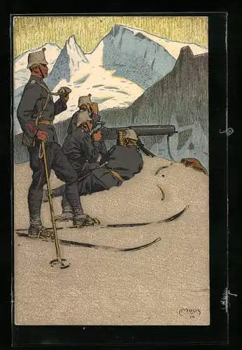 Künstler-AK Carl Moos: Schweizer Soldaten in Uniformen, Grenzbesetzung 1914