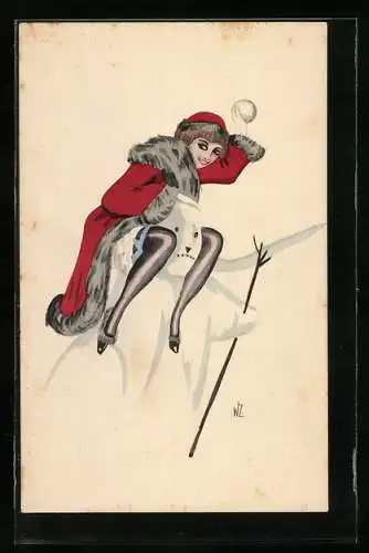 Künstler-AK W. Zabczinsky: Frau beim Schneeballwerfen