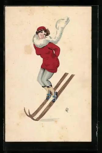 Künstler-AK W. Zabczinsky: Lachende Dame beim Skisprung