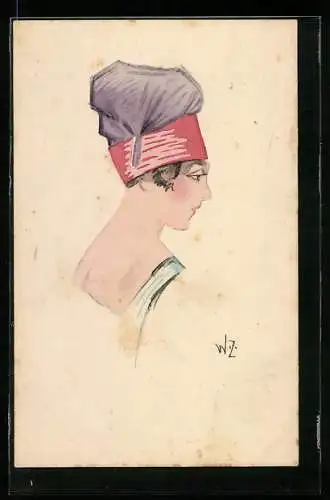 Künstler-AK W. Zabczinsky: Frau mit violettem Kopfputz