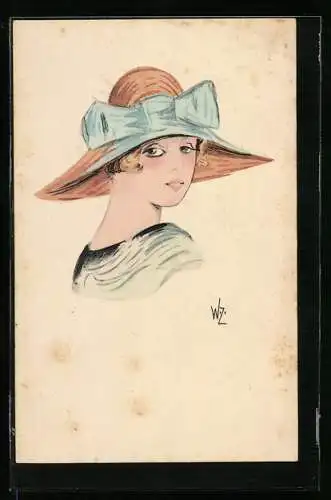 Künstler-AK W. Zabczinsky: Dame mit Strohhut