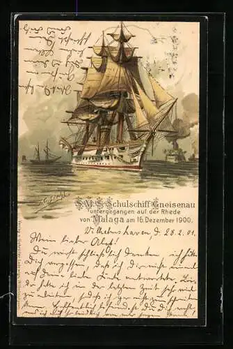 Künstler-AK Johann Georg Siehl-Freystett: S.M.S.Schulschiff Gneisenau, untergegangen 1900