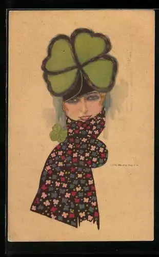 Künstler-AK Nanni: Frau mit Kleeblatthut