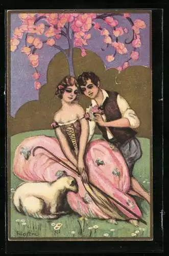 Künstler-AK Carlo Chiostri: Hirtenpaar mit Lamm auf Wiese