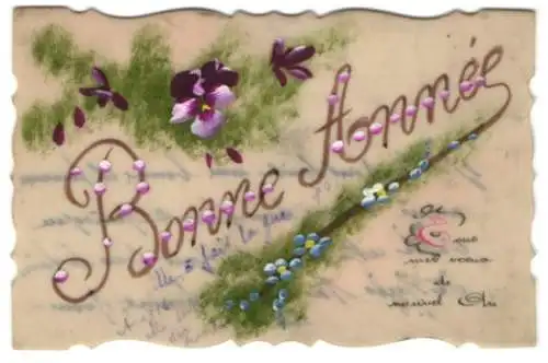 Zelluloid-AK Blühende Blumen in lila und blau