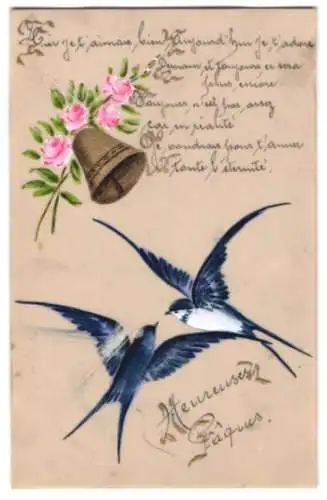 Zelluloid-AK Schwalben mit Glocke