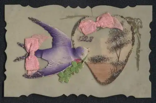 Zelluloid-AK Schwalbe mit Schleife